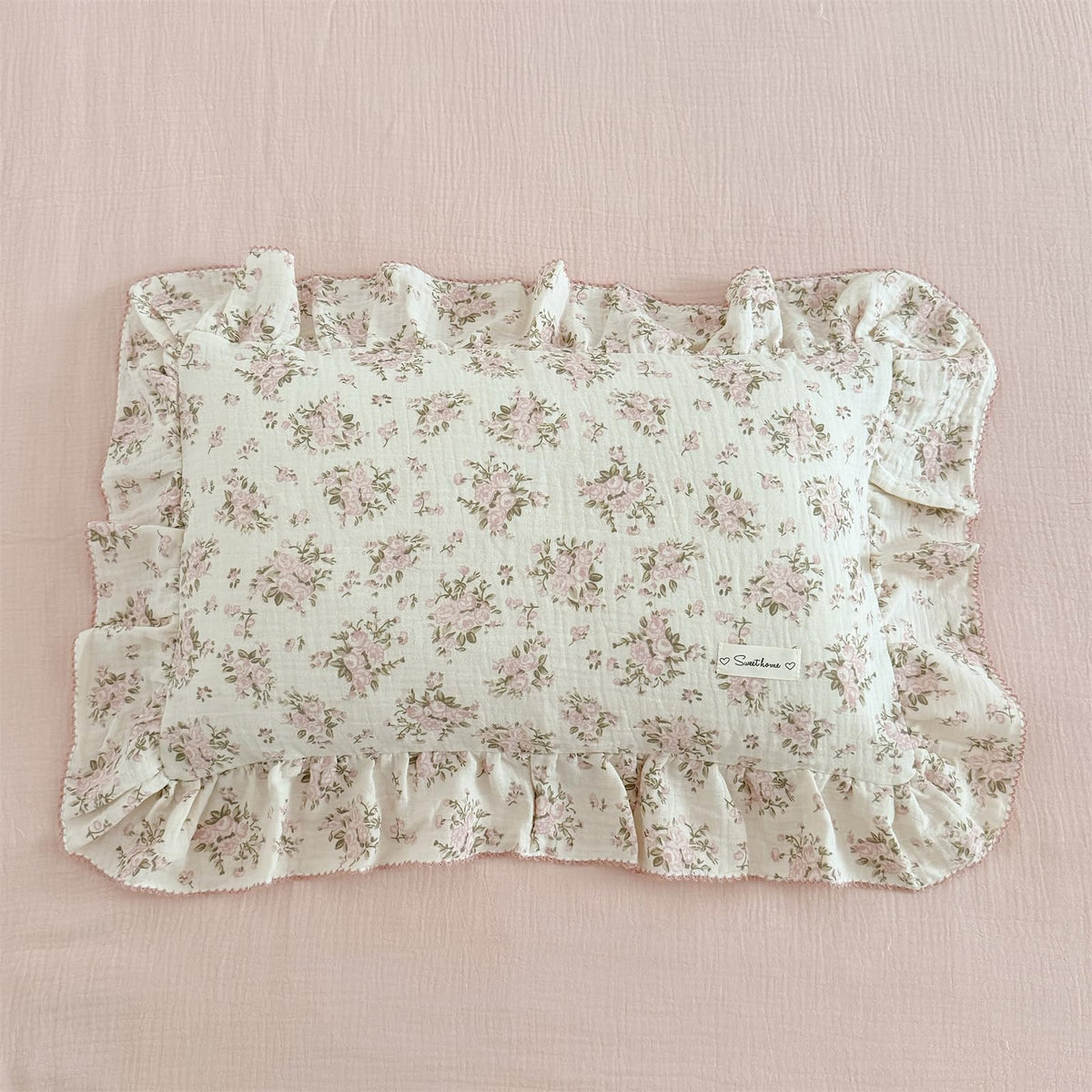 AOJIM Pink Floral Kids Pillowcase close-up shows soft muslin fabric for baby skin comfort