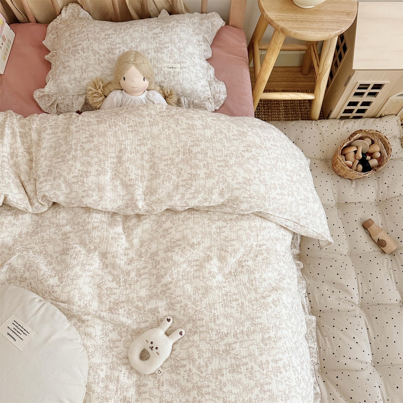AOJIM pillowcase with ruffled edges adding decorative detail to a child's bed