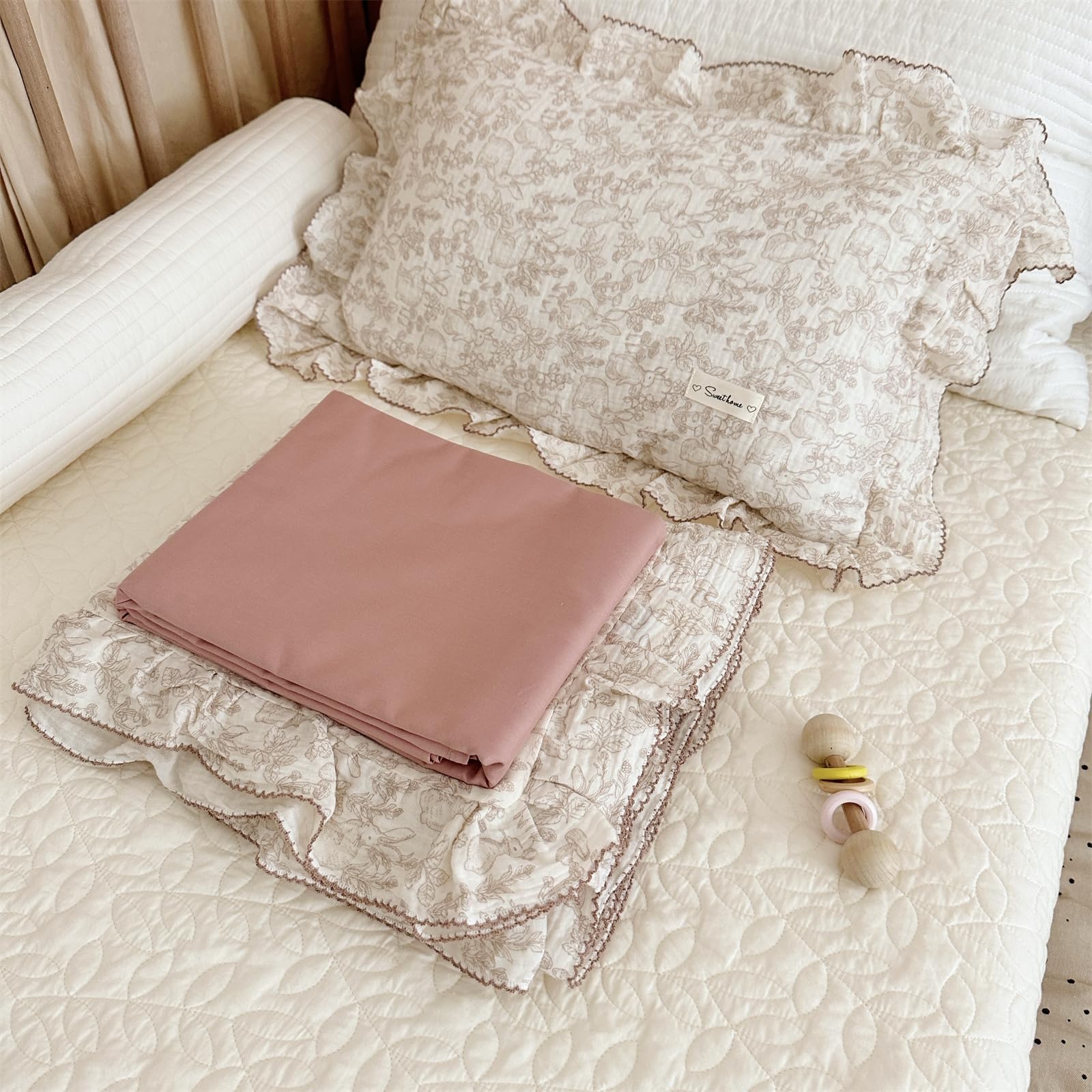 AOJIM ruffled-edges pillowcase adds cute texture for nursery decor and comfort.