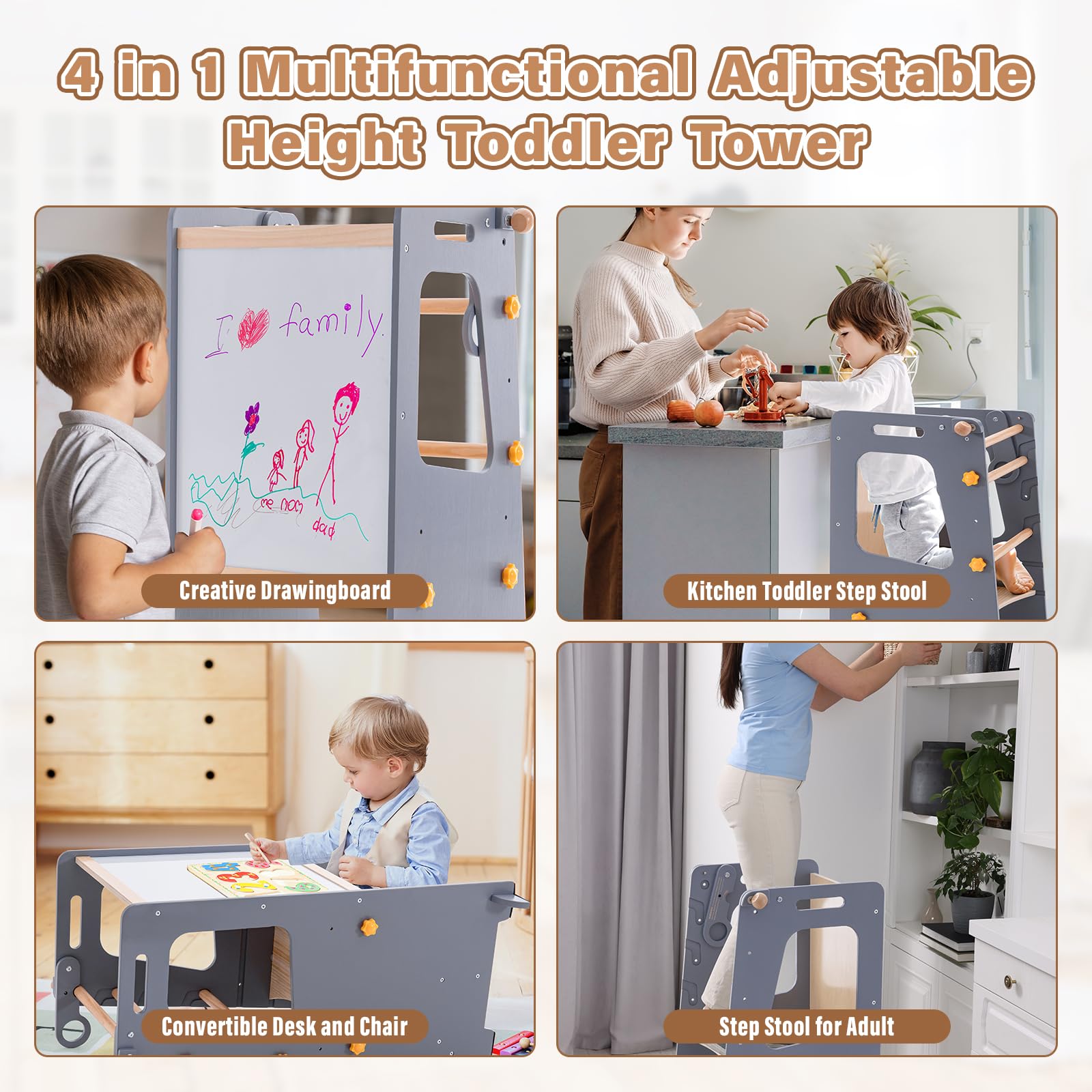 Aokkto 4-in-1 toddler kitchen tower adjustable heights grow with kids