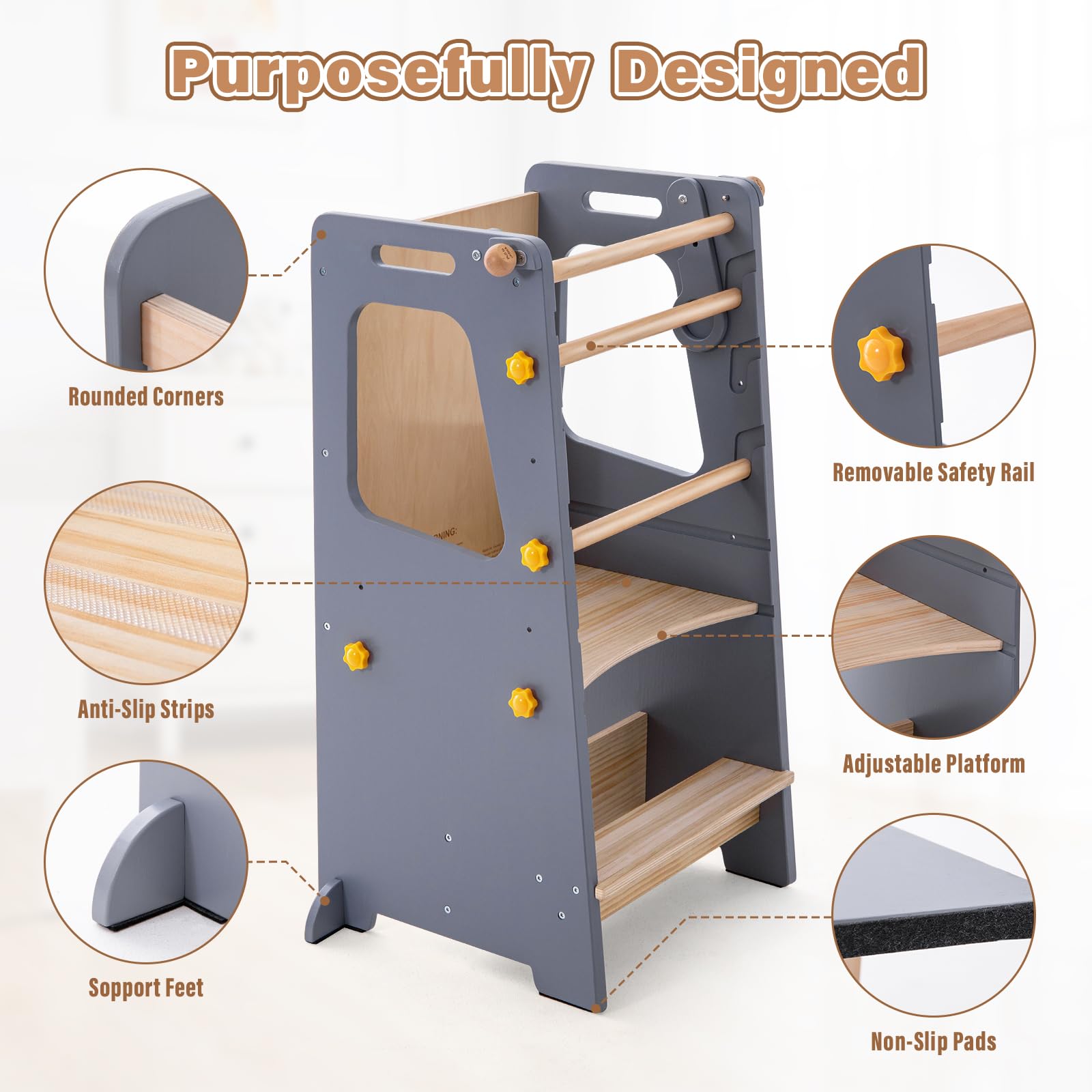Aokkto 4-in-1 toddler kitchen tower safety rails prevent slips during activities
