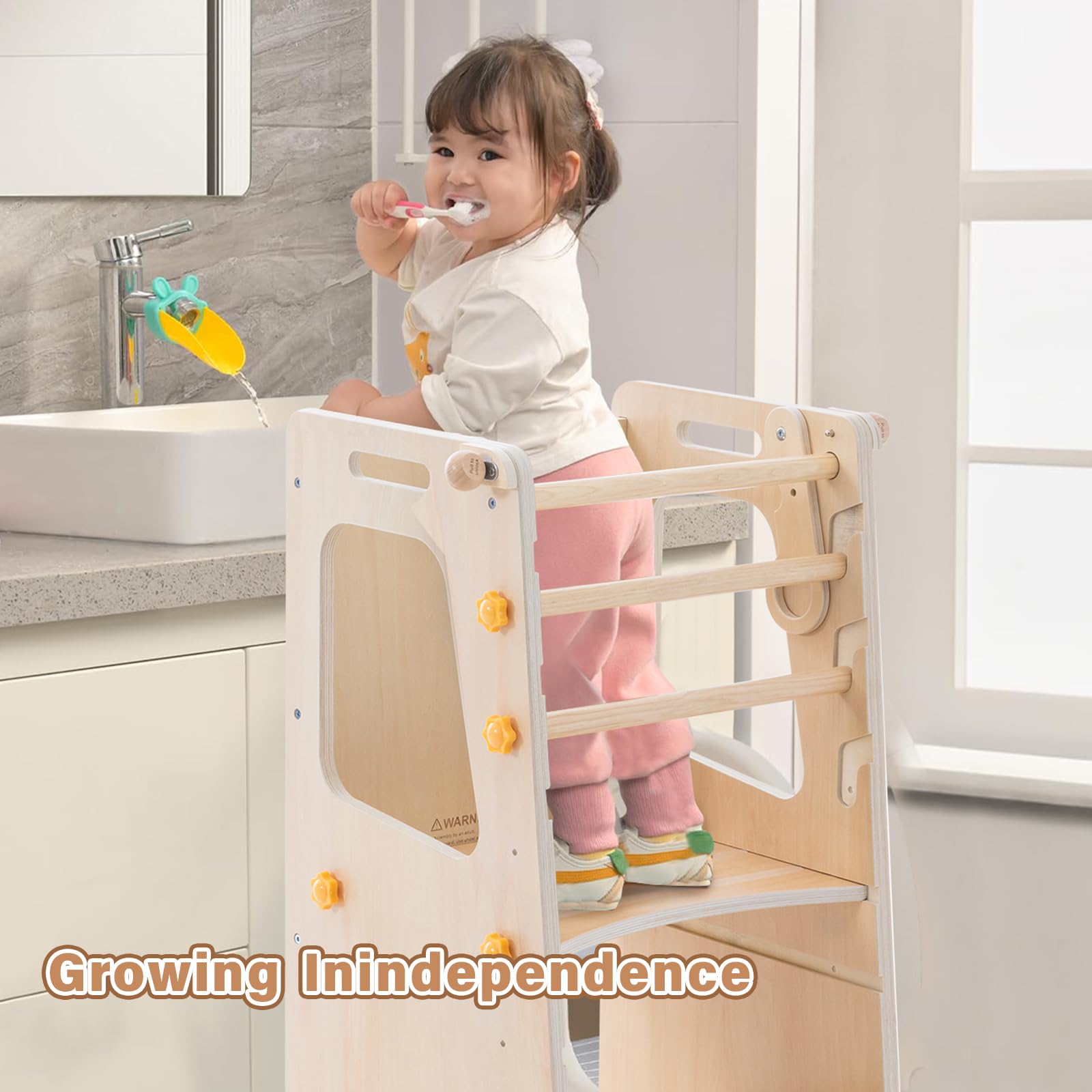 Aokkto 4 in 1 toddler kitchen tower adjustable height view conveys growing-with-child practicality.