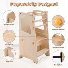 Aokkto 4 in 1 toddler kitchen tower convertible table chair view demonstrates versatile mealtime and activity setup.