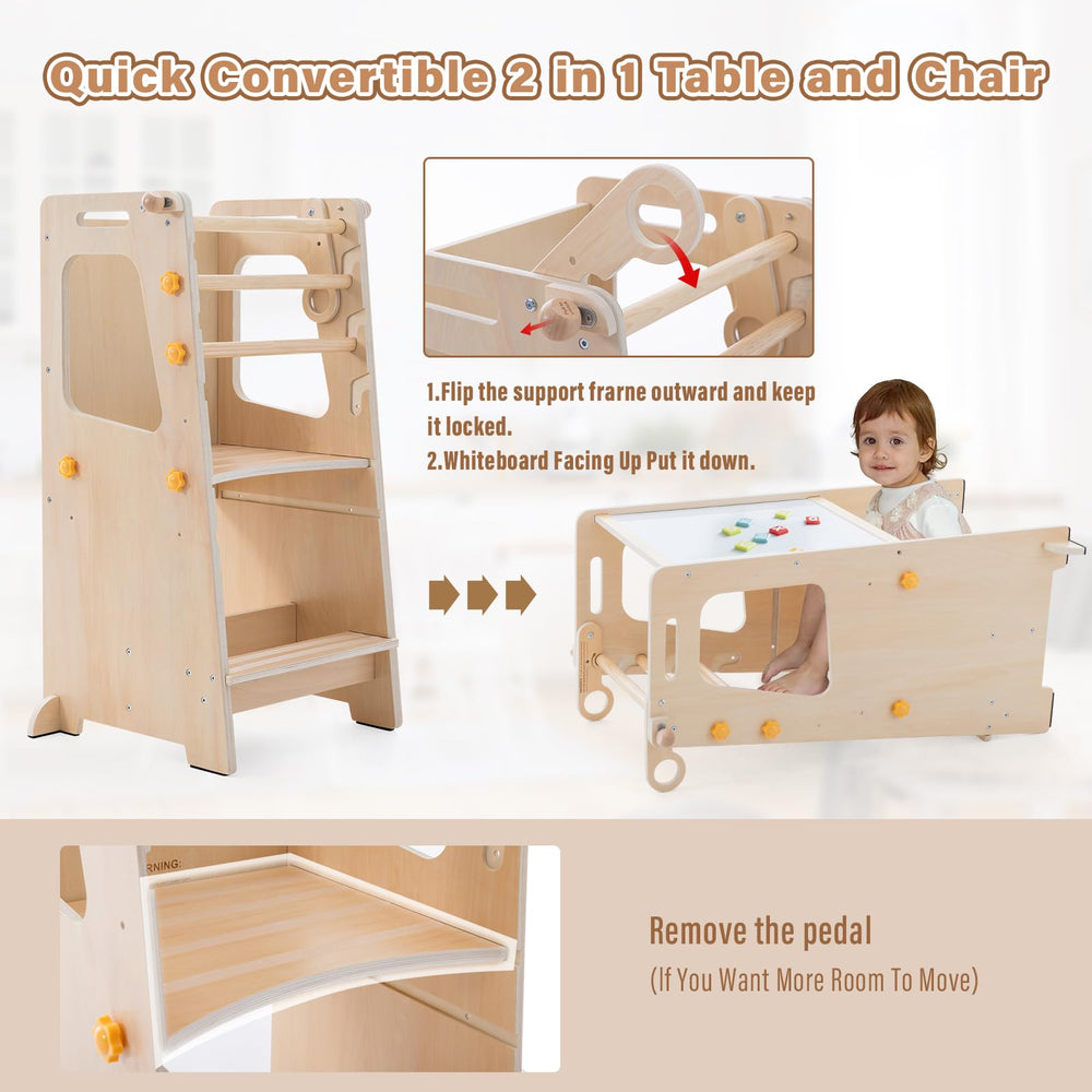Aokkto 4 in 1 toddler kitchen tower safety rails view showcases secure climb and fall-prevention design.