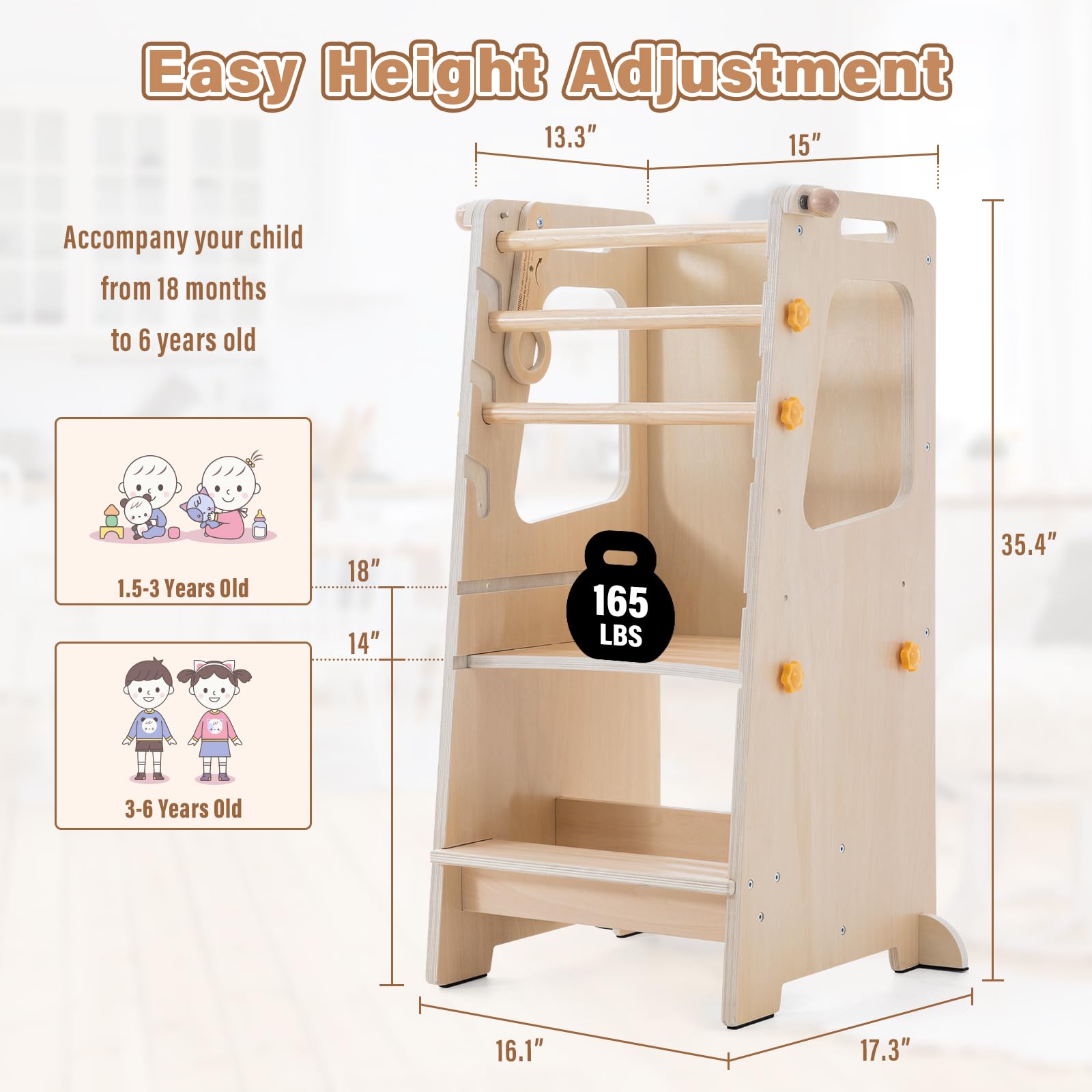 Aokkto 4 in 1 toddler kitchen tower side view highlights stable base and easy reach at counter height.