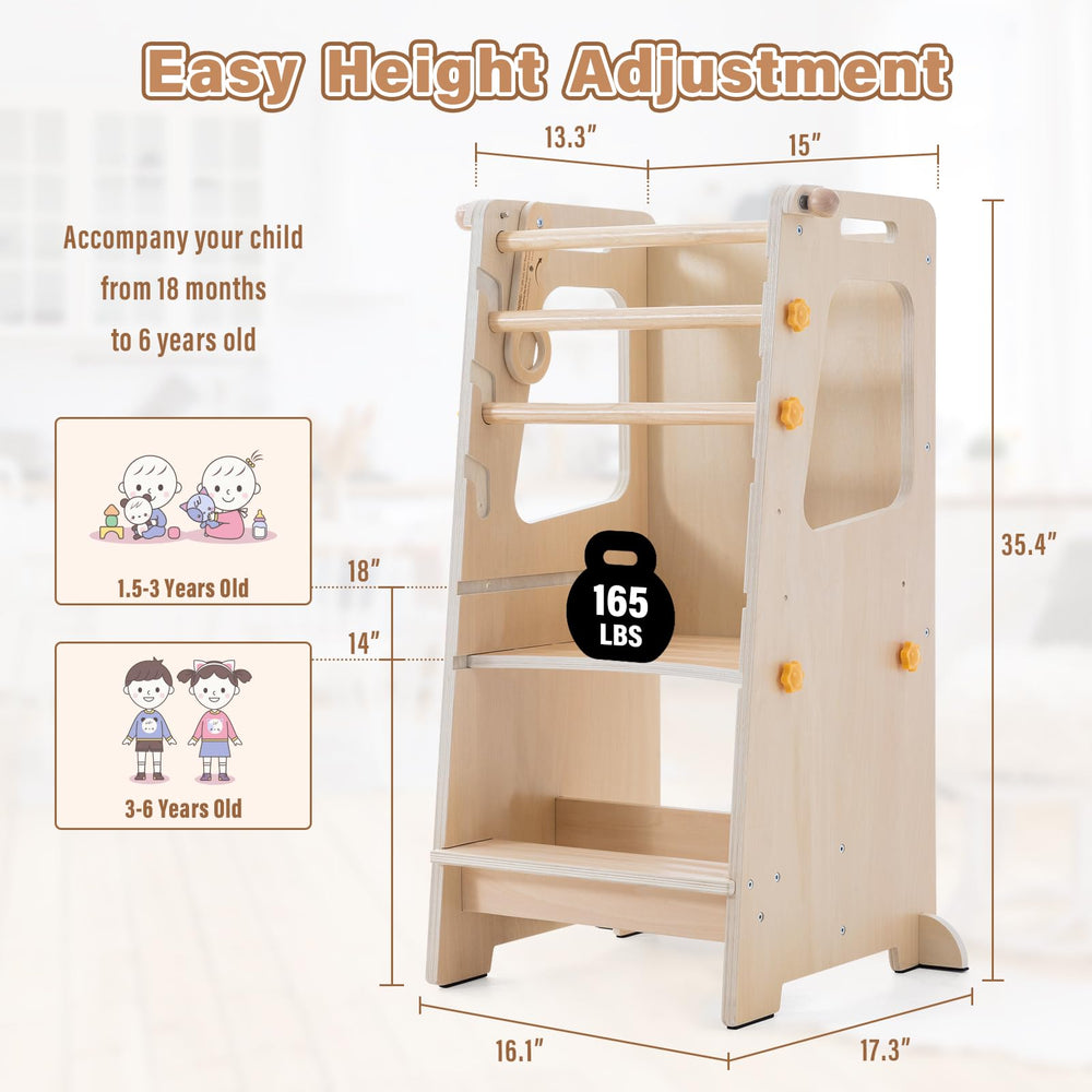 Aokkto 4 in 1 toddler kitchen tower side view highlights stable base and easy reach at counter height.