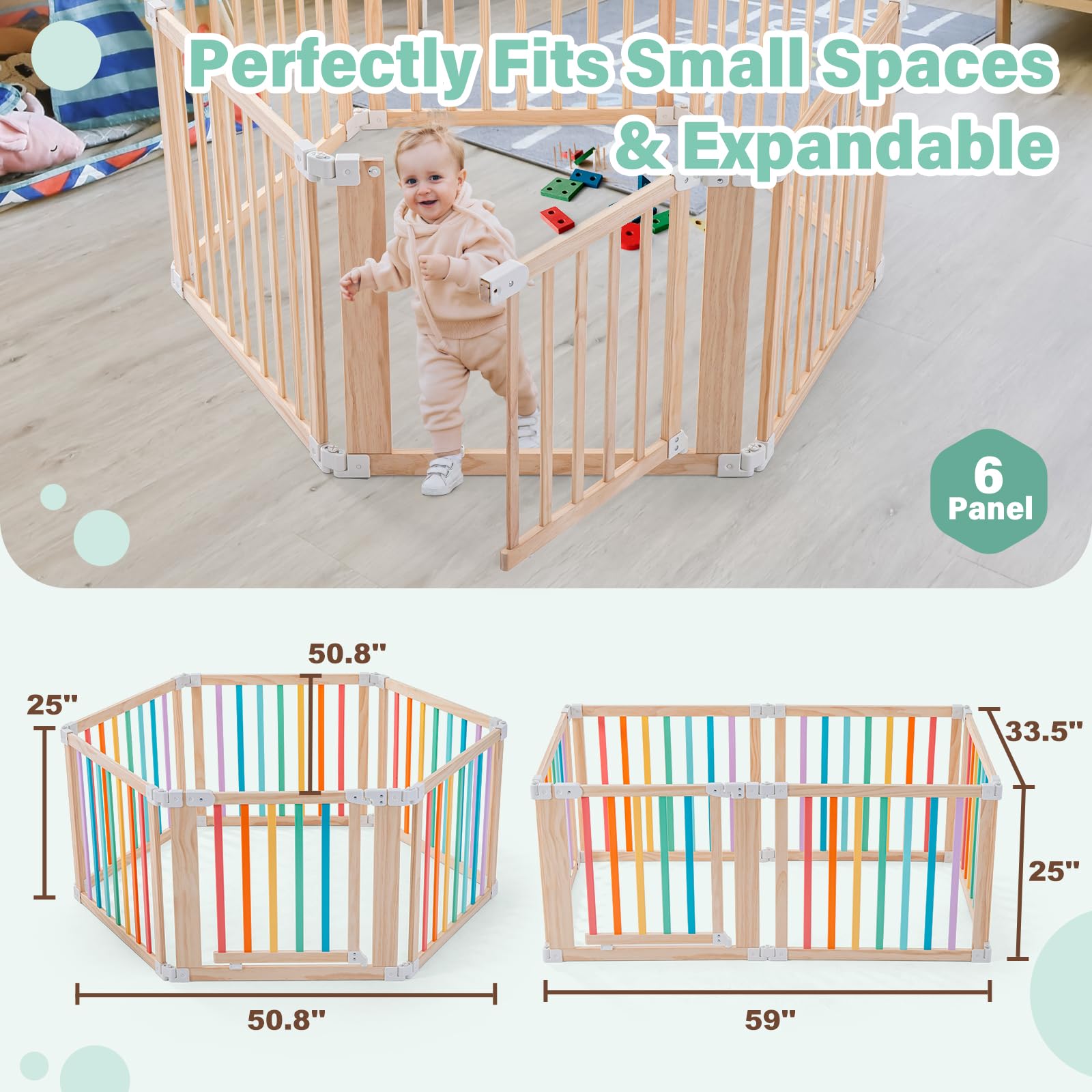 Aokkto foldable wooden playpen six-panel layout enables flexible room configurations.