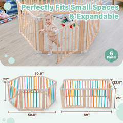 Aokkto foldable wooden playpen six-panel layout enables flexible room configurations.