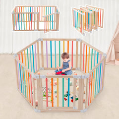 Aokkto foldable wooden playpen assembly shows tool-free setup for quick, safe playtime.