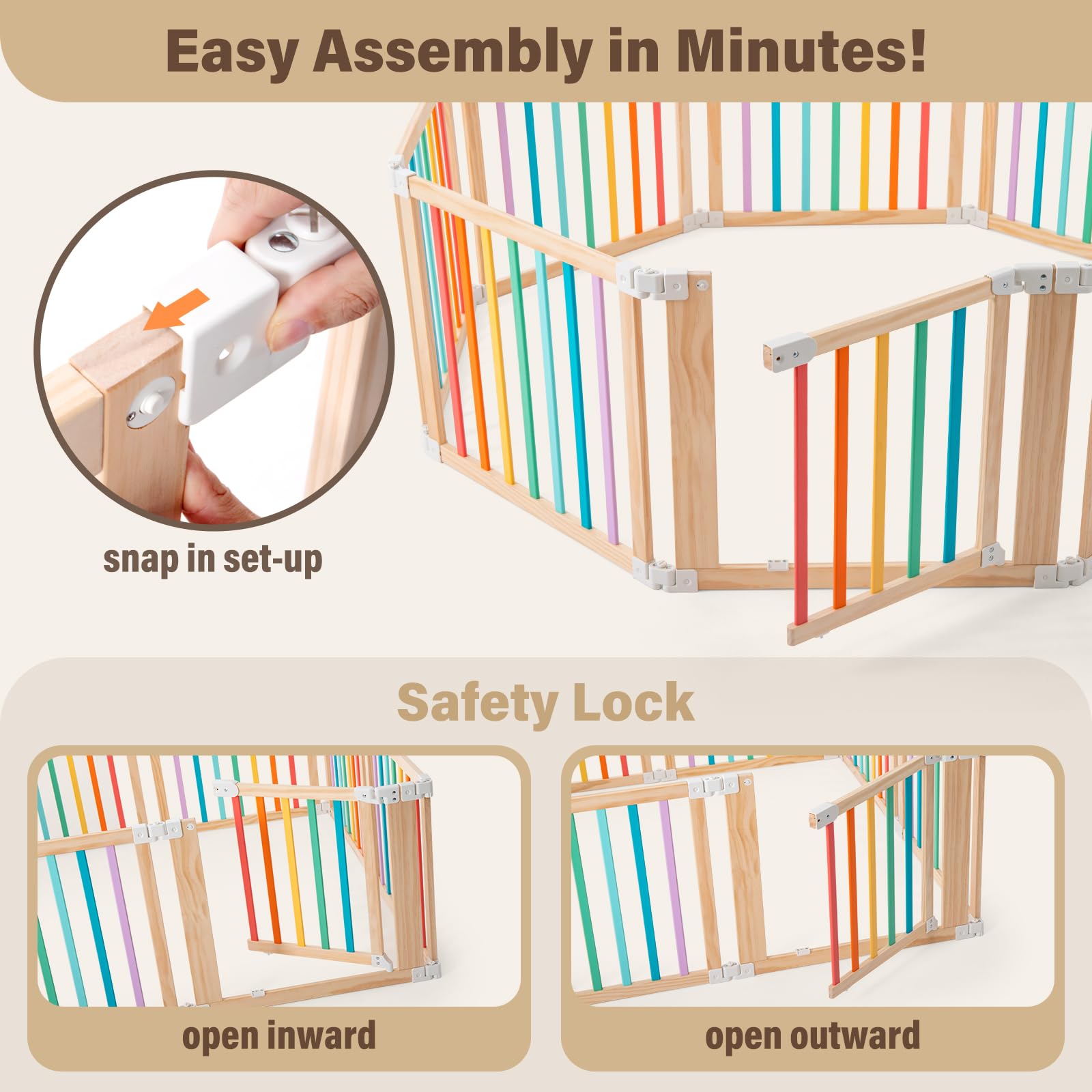 Aokkto foldable wooden playpen with child-safe lock ensures secure crawl time.