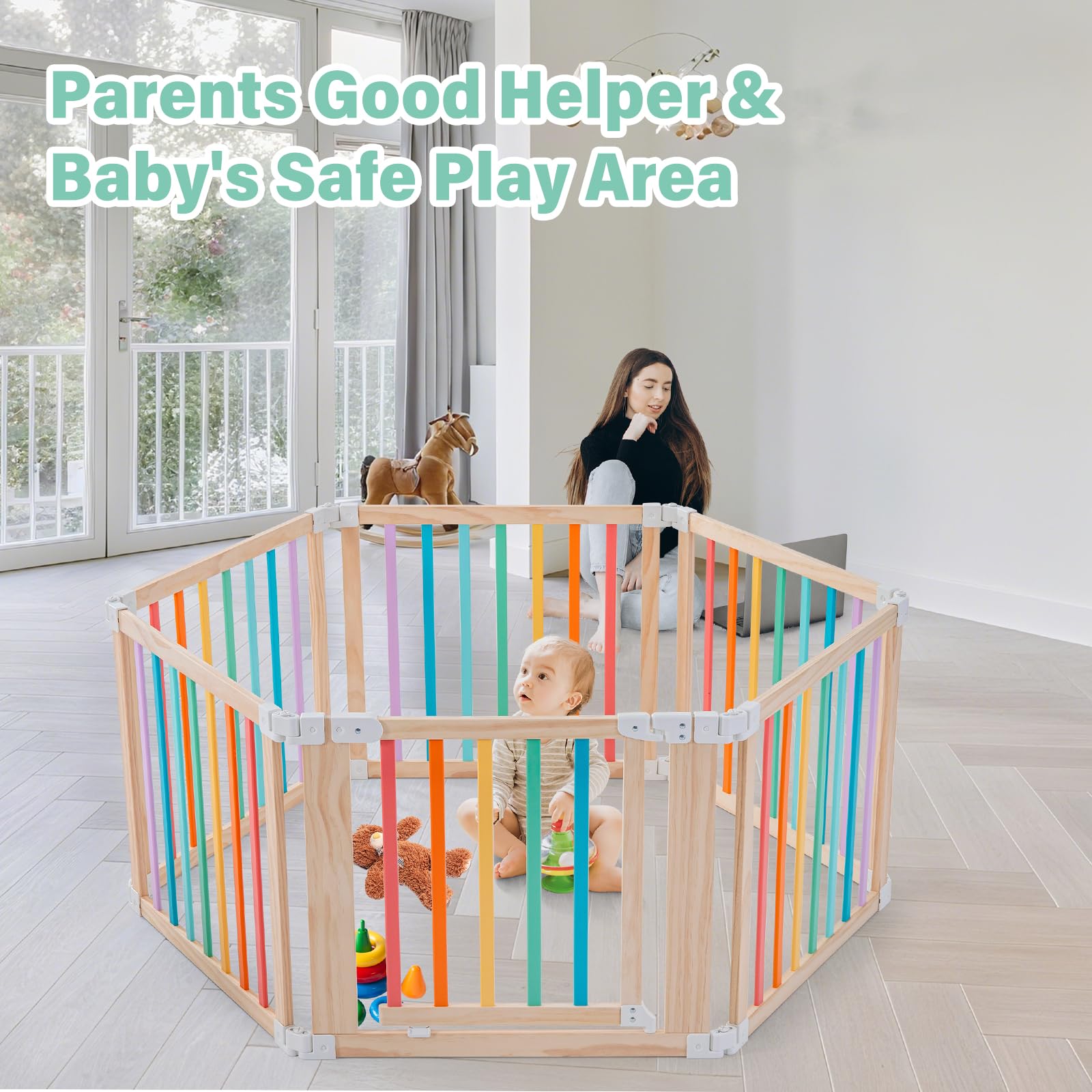 Aokkto foldable wooden playpen dimensions 51x51 inches create a spacious play area.