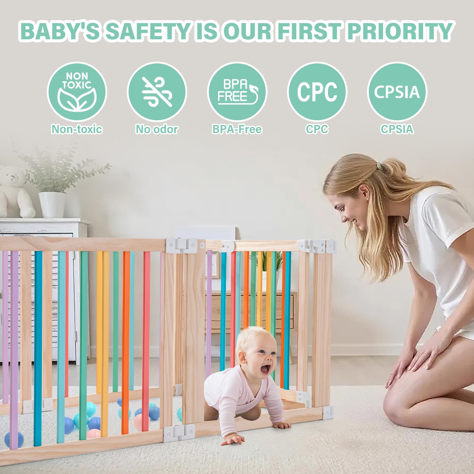 Aokkto foldable wooden playpen folded for compact storage saves space.