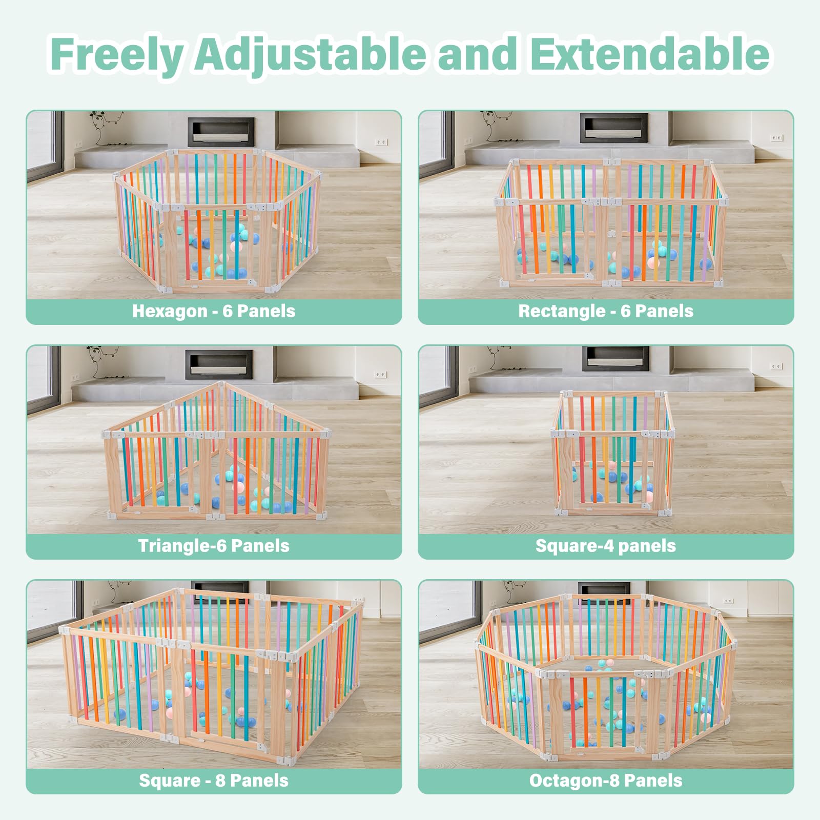Aokkto foldable wooden playpen's multicolor design adds cheerful nursery styling.