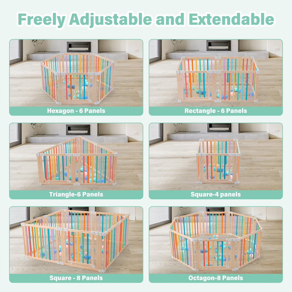 Aokkto foldable wooden playpen's multicolor design adds cheerful nursery styling.