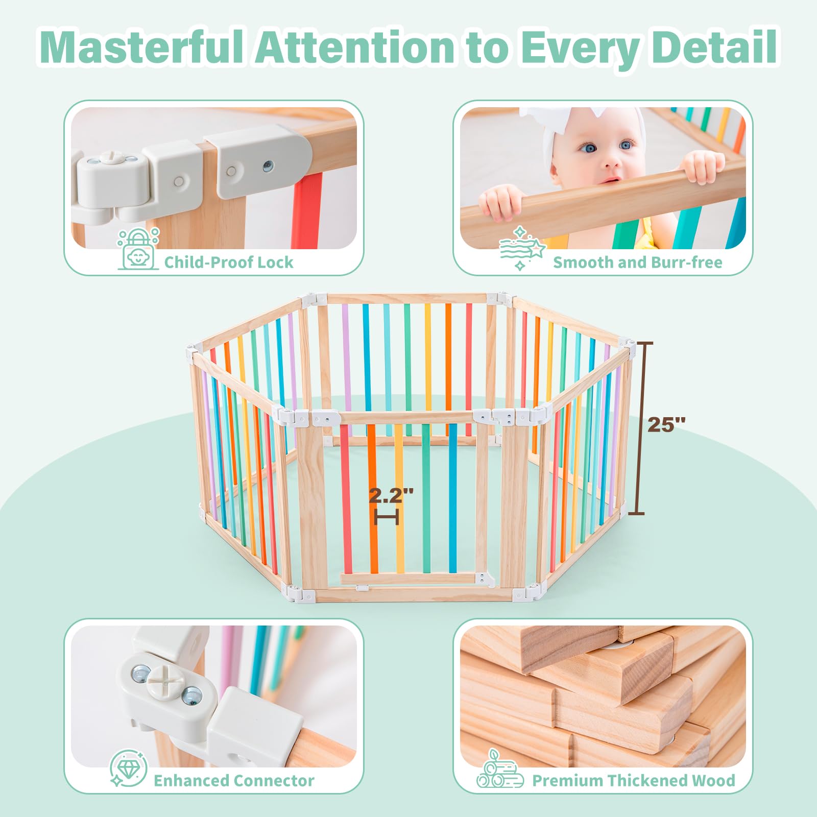Aokkto foldable wooden playpen uses natural pine wood with a smooth, baby-friendly finish.