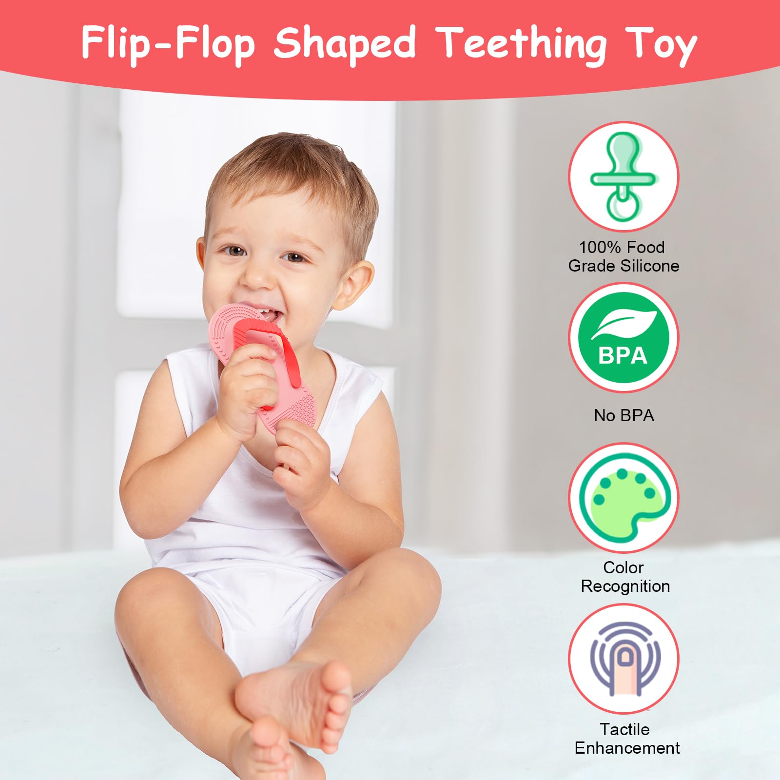 Aolso flip-flop teether pink close-up textures for teething relief