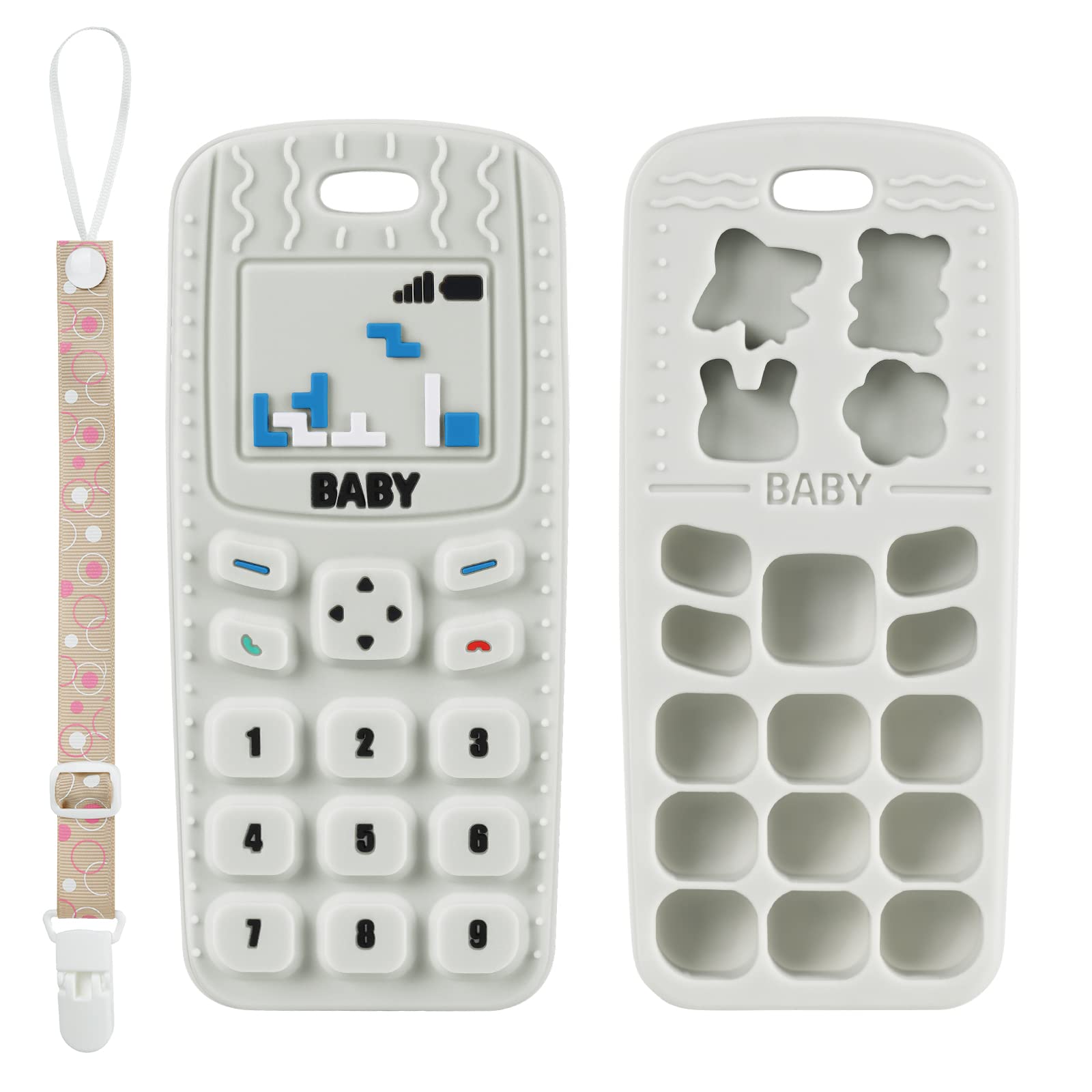 Aolso phone-shaped teether in beige supports gum soothing and early sensory learning.