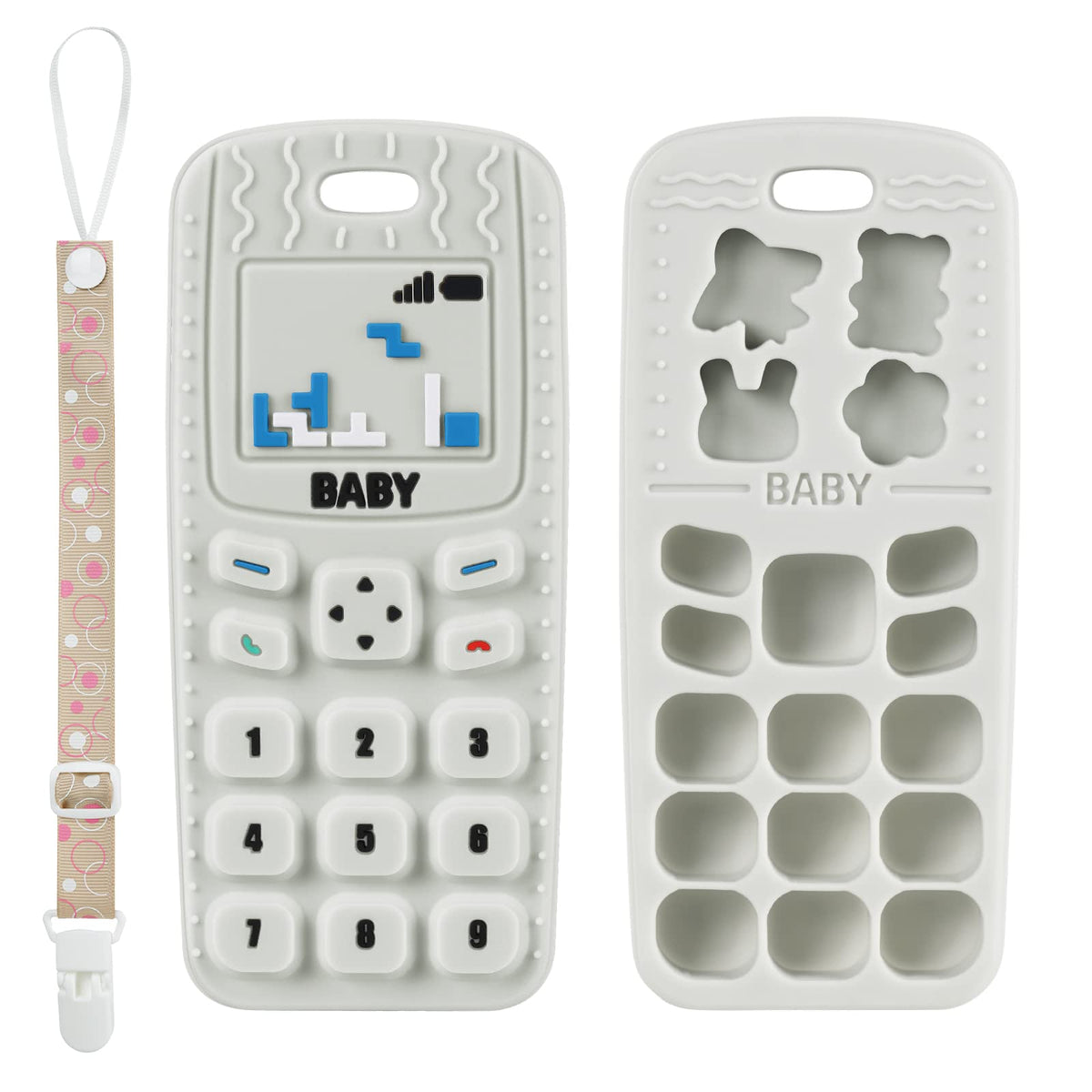 Aolso phone-shaped teether in beige supports gum soothing and early sensory learning.