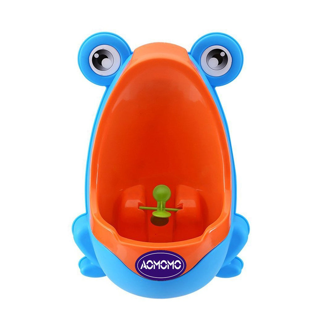 AOMOMO Frog Urinal blue side-angle demonstrates toddler-friendly potty training aid for boys.