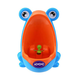 AOMOMO Frog Urinal blue side-angle demonstrates toddler-friendly potty training aid for boys.