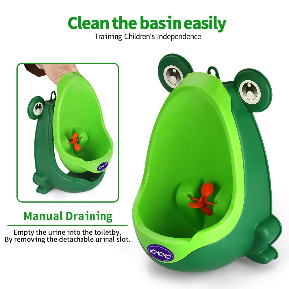 AOMOMO urinal for toilet training boys shown with child-use scenario encouraging independent aim.