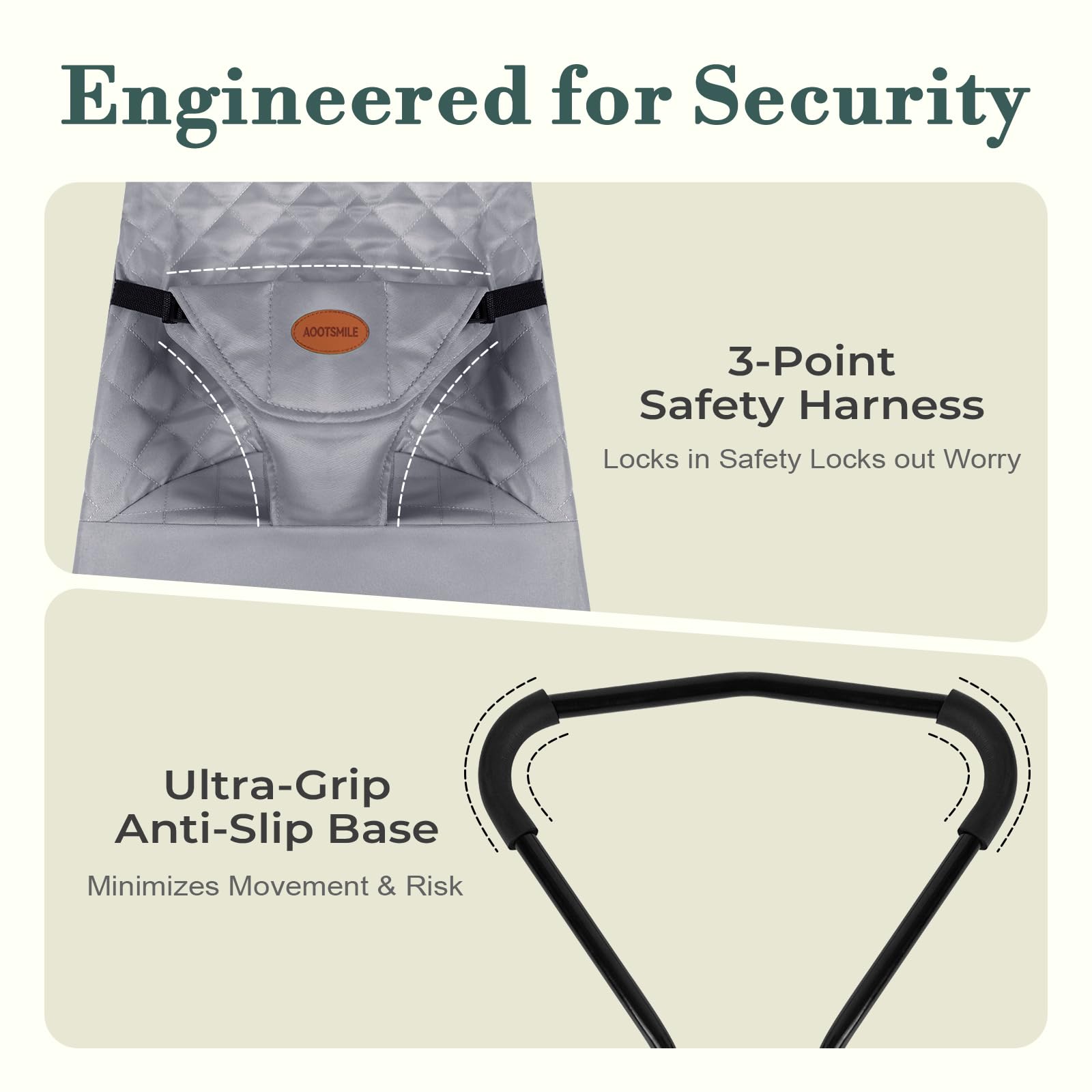 AOOTSMILE bouncer shows 3-point harness for secure seating.