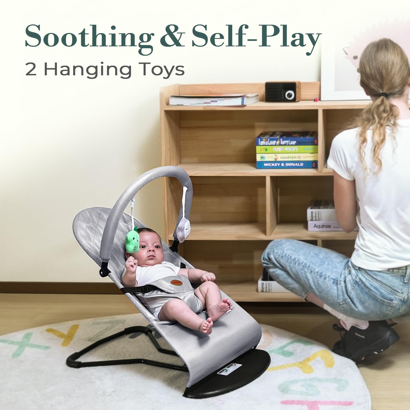 AOOTSMILE bouncer with 3 recline positions for infant comfort.