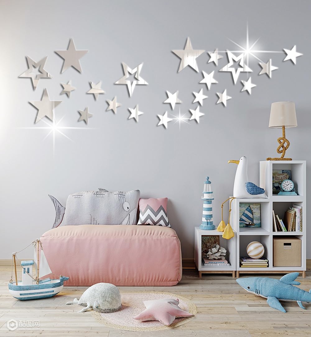 aooyaoo stars acrylic mirror wall stickers closeup showing reflective silver stars for kid's room decor