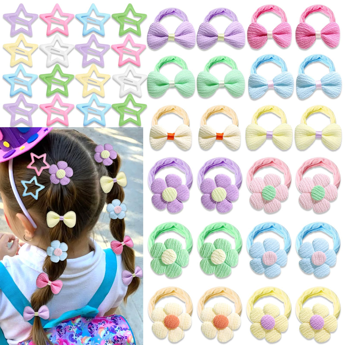 AOREAS star flower hair ties bundle for toddlers with colorful ponytails