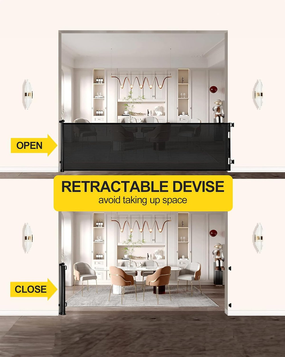 AOURMKOOP retractable gate in use in doorway showcases one-handed operation