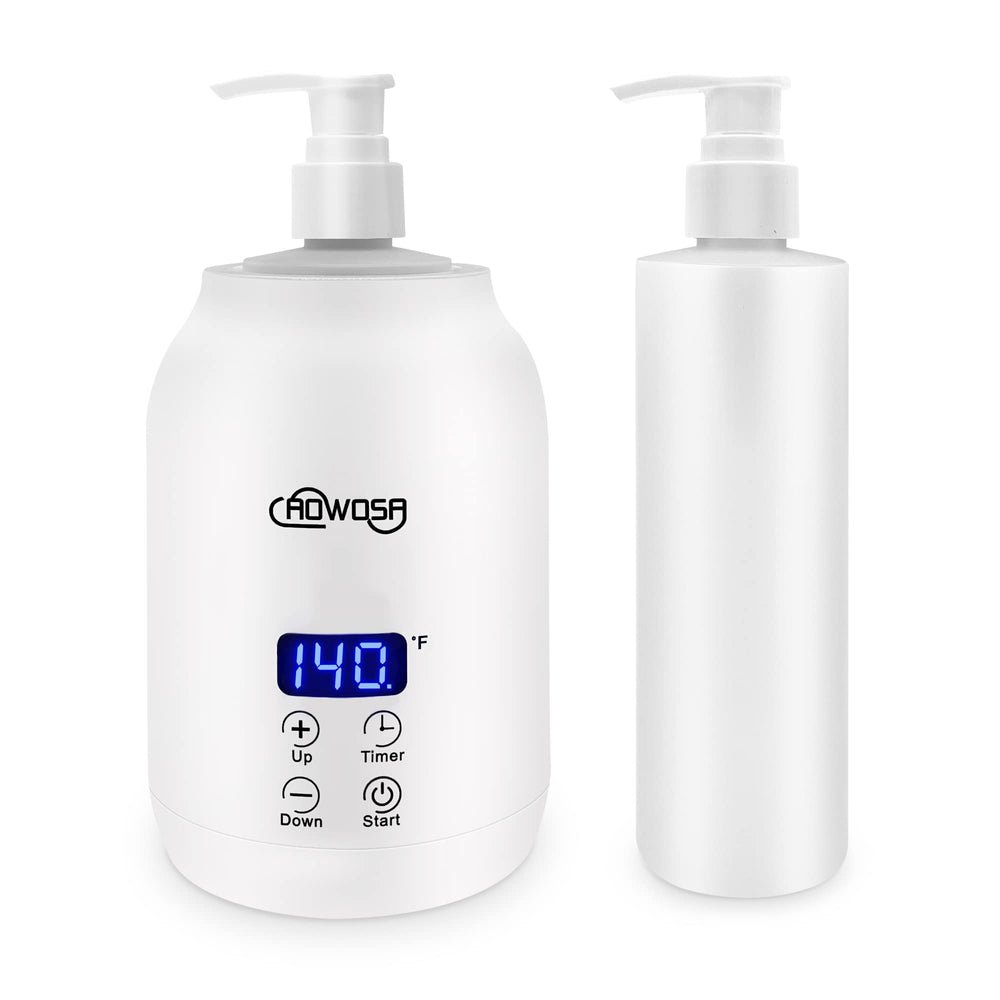 AOWOSA massage oil warmer bottle on counter delivers cozy warmth for spa-ready sessions.