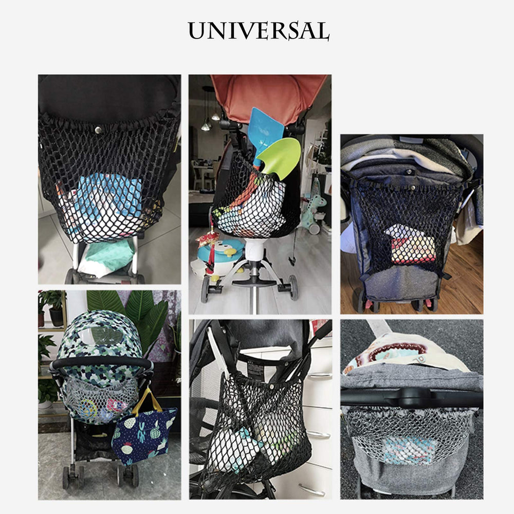 Aphbrada stroller organizer shown in use holds diapers, toys, and snacks neatly