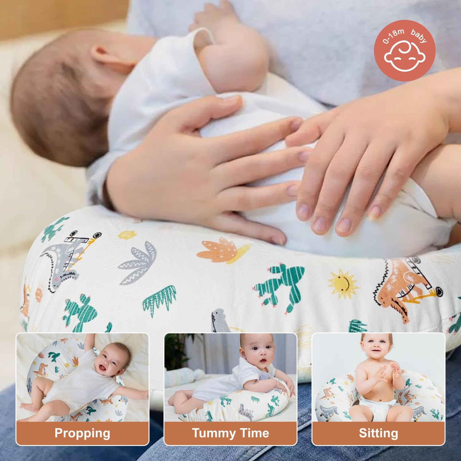 Aphrfamma nursing pillow features a removable, machine-washable cotton cover.