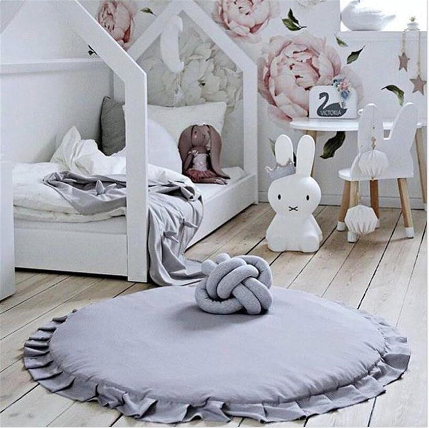Apioiqa cotton-round-nursery-rug-ruffles-setup offers a soft baby play surface.