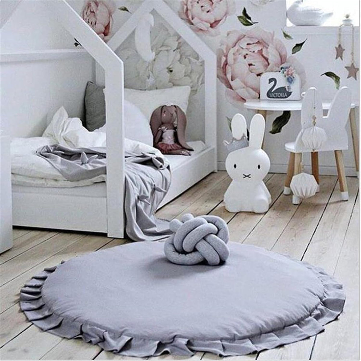 Apioiqa cotton-round-nursery-rug-ruffles-setup offers a soft baby play surface.