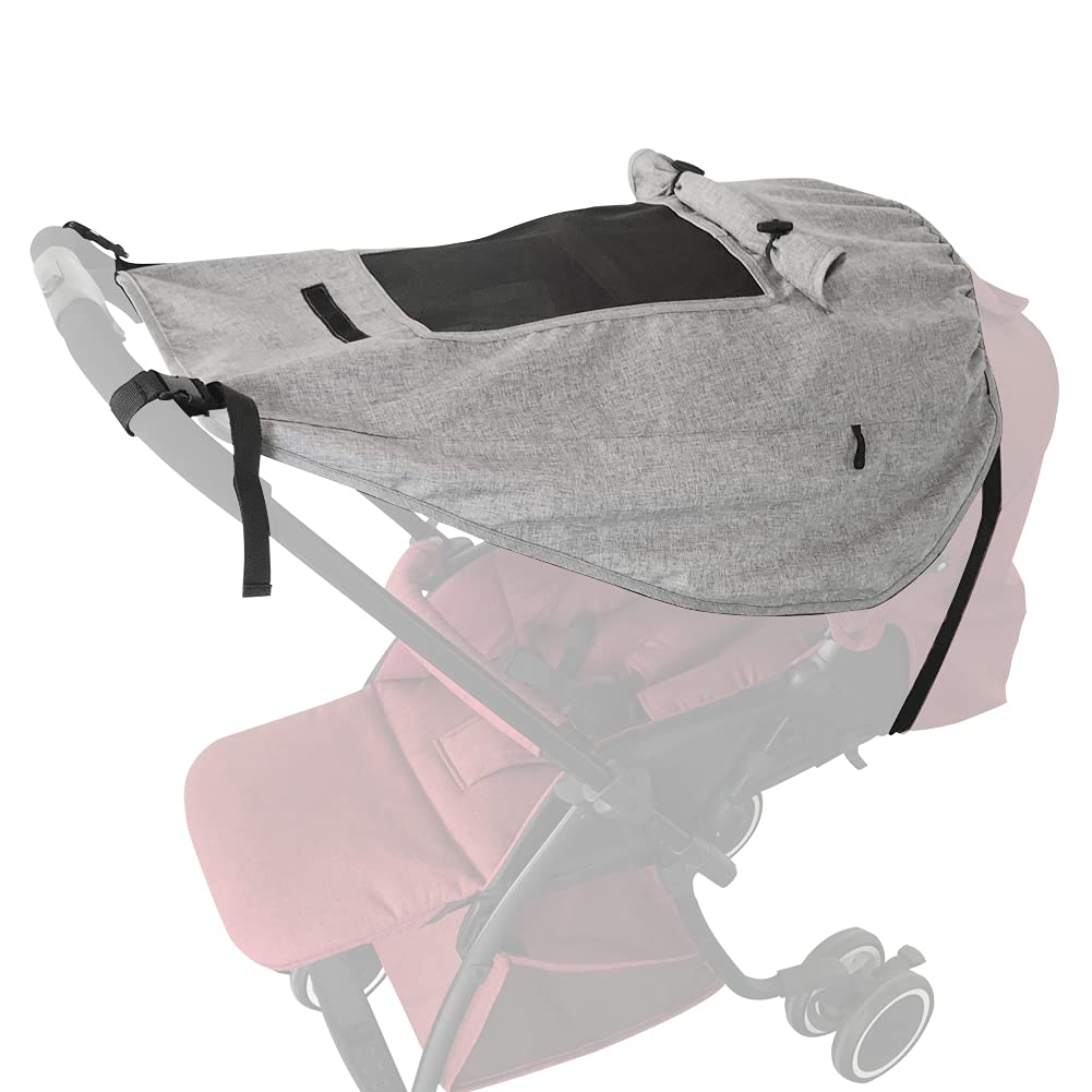 Apol Pram Sunshade Grey, closed to shield baby from sun while keeping visibility