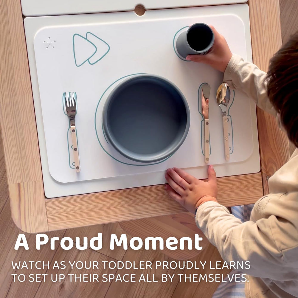 APLAINR Montessori placemat non-slip surface keeps bowls steady for confident feeding.