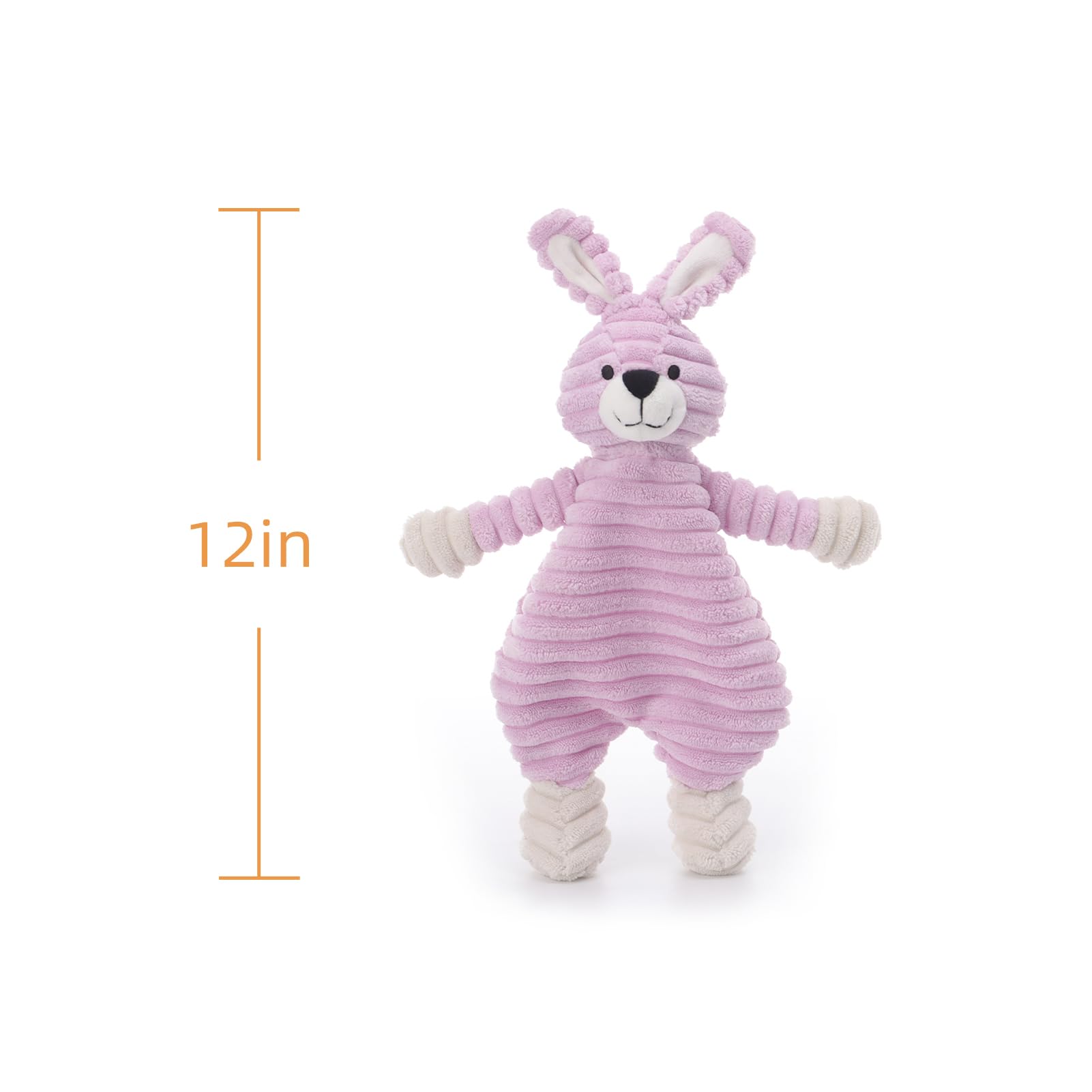 Apricot Lamb corduroy purple bunny lovey in bed for nap time security.
