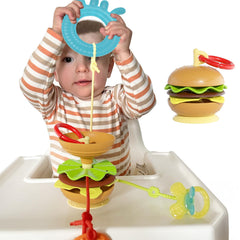 Aprilwolf hamburger suction cup toys holder on high chair tray for easy reach.