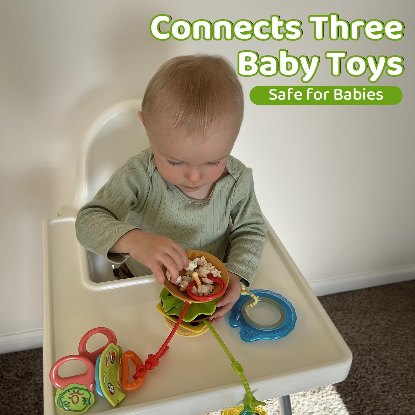 Aprilwolf hamburger suction cup toys holder on stroller tray during meals.