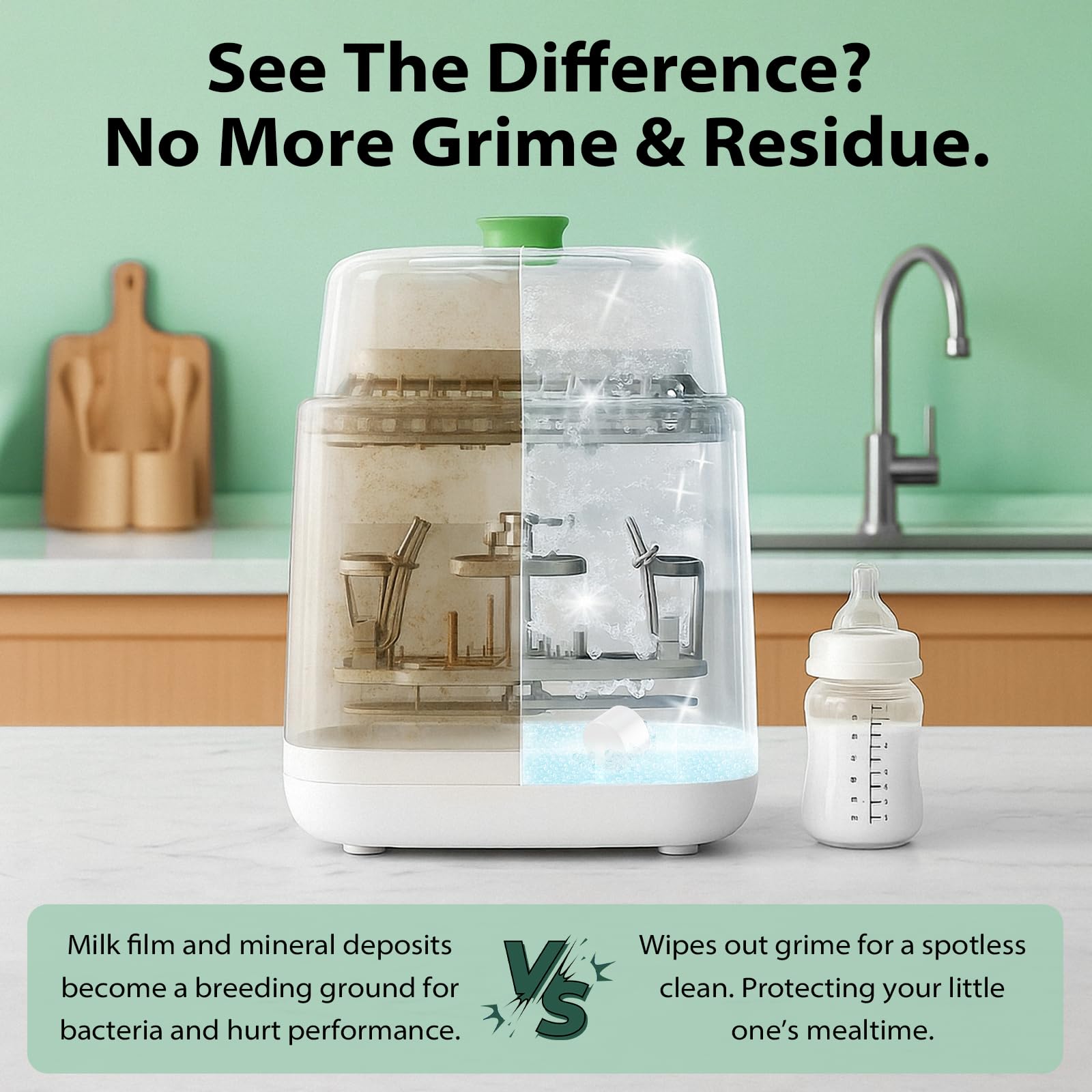 Apsumor tablet dissolving in water demonstrates instant activation for cleaning.