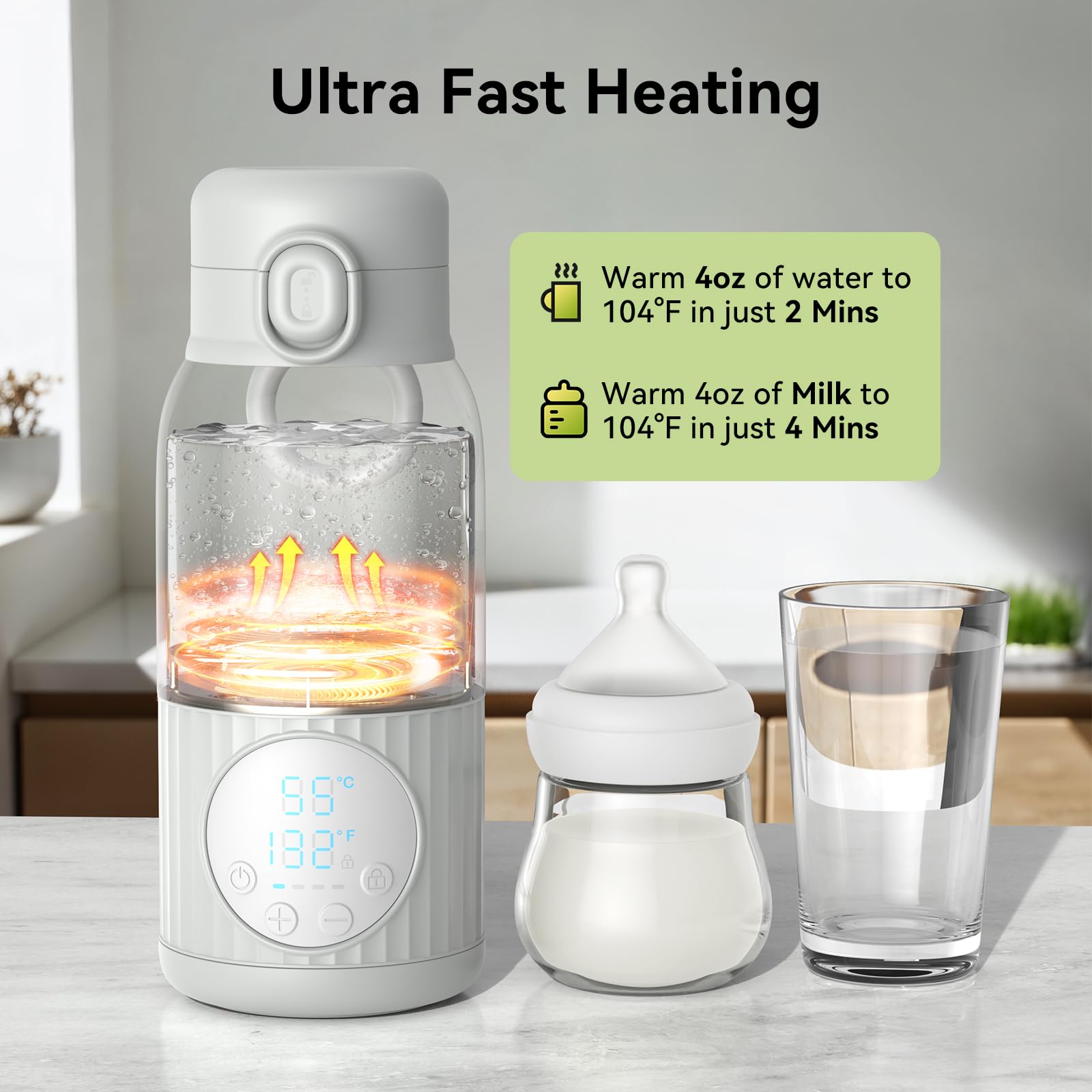 APZOKI warmer in use with bottle demonstrates ready feeds and easy operation.