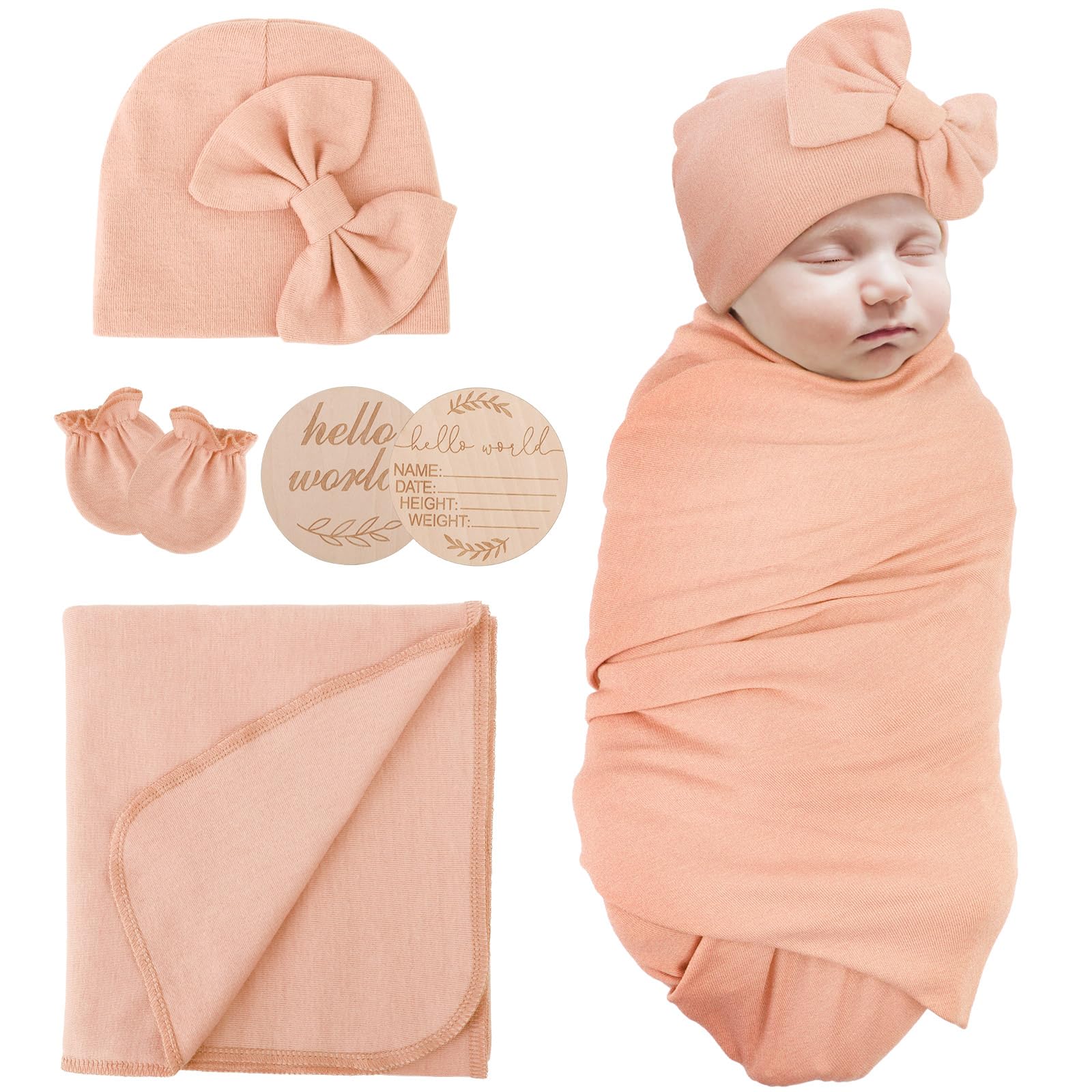 AQOKKA newborn receiving blanket with bow hat mittens set; soft, breathable warmth for newborn comfort.