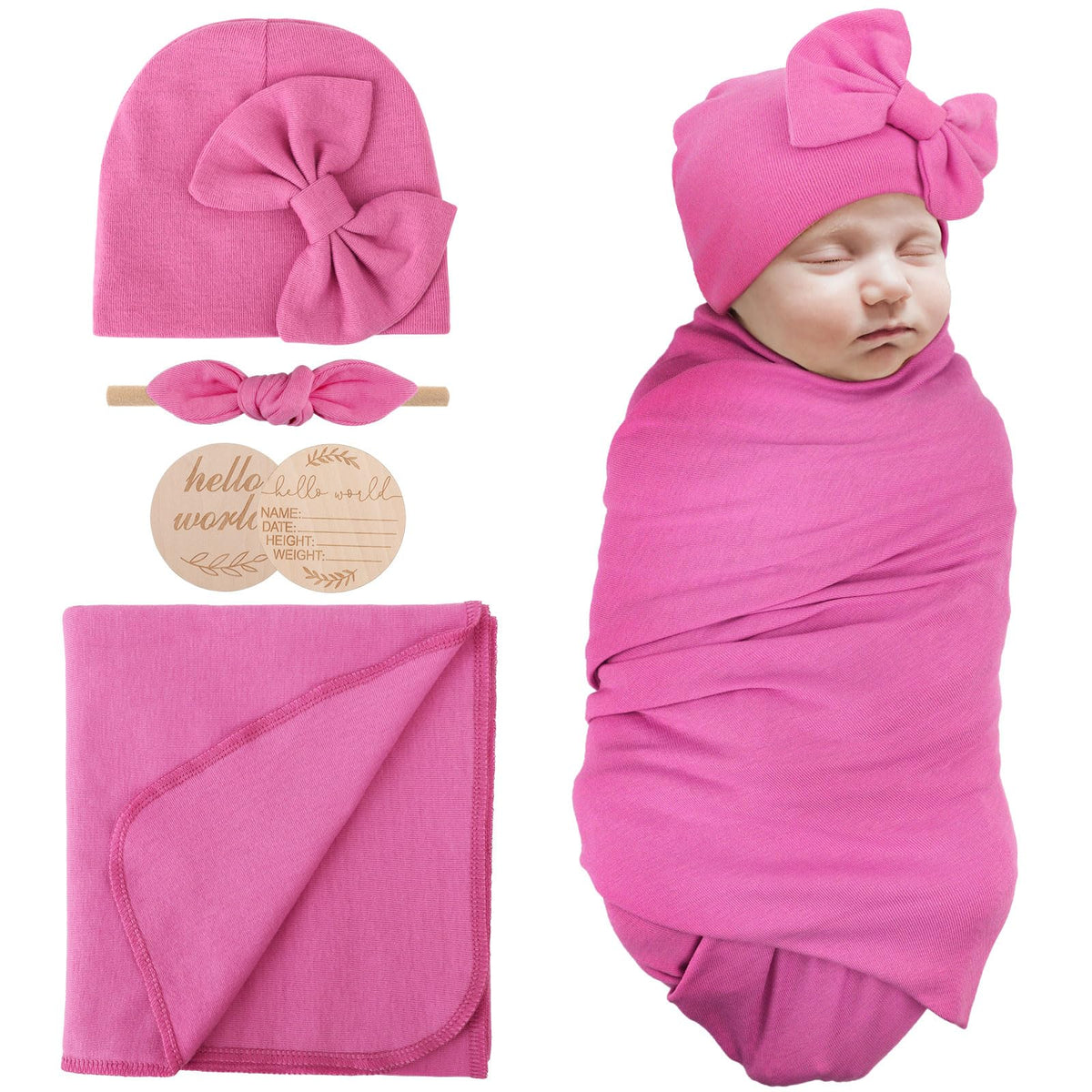 AQOKKA newborn swaddle blanket with bow hat set – breathable, cozy fabric for baby's comfort.