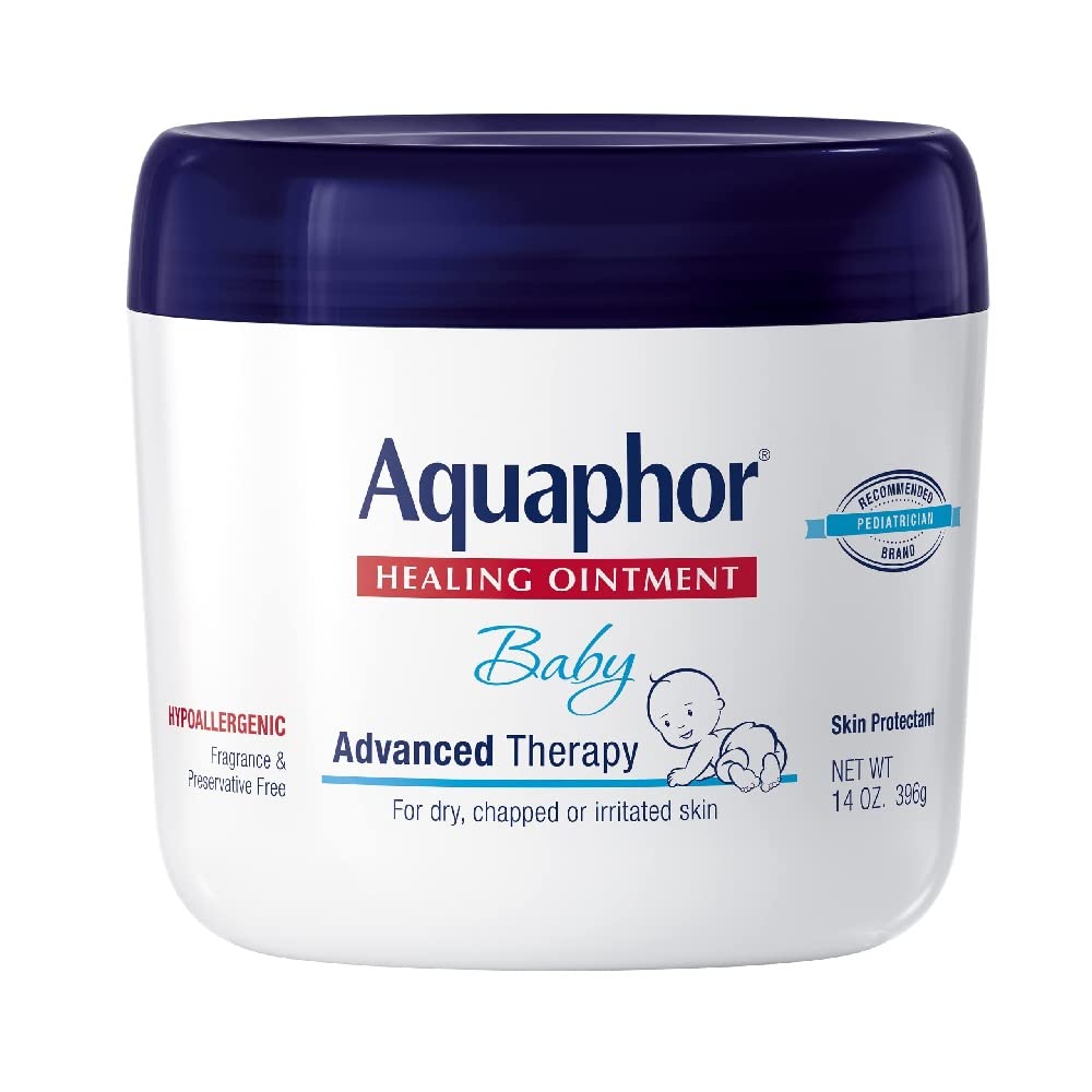Aquaphor Baby Healing Ointment jar on countertop for multipurpose skin protection.