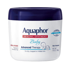 Aquaphor Baby Healing Ointment jar on countertop for multipurpose skin protection.