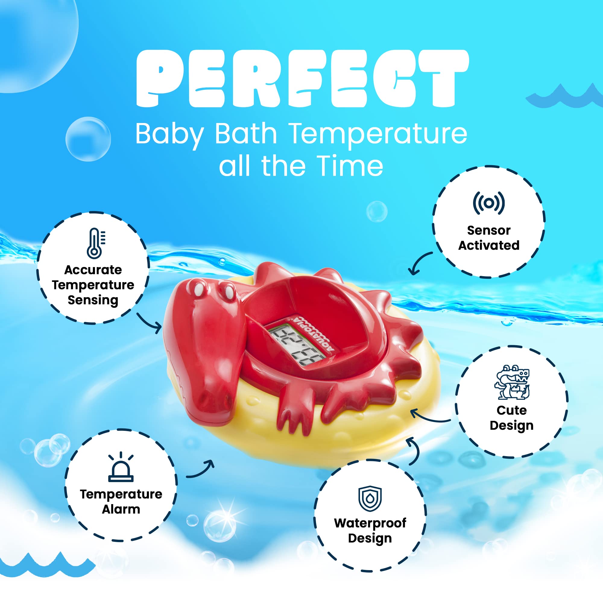 Aquatopia Charlie Crocodile thermometer digital display shows Fahrenheit and Celsius during bath time