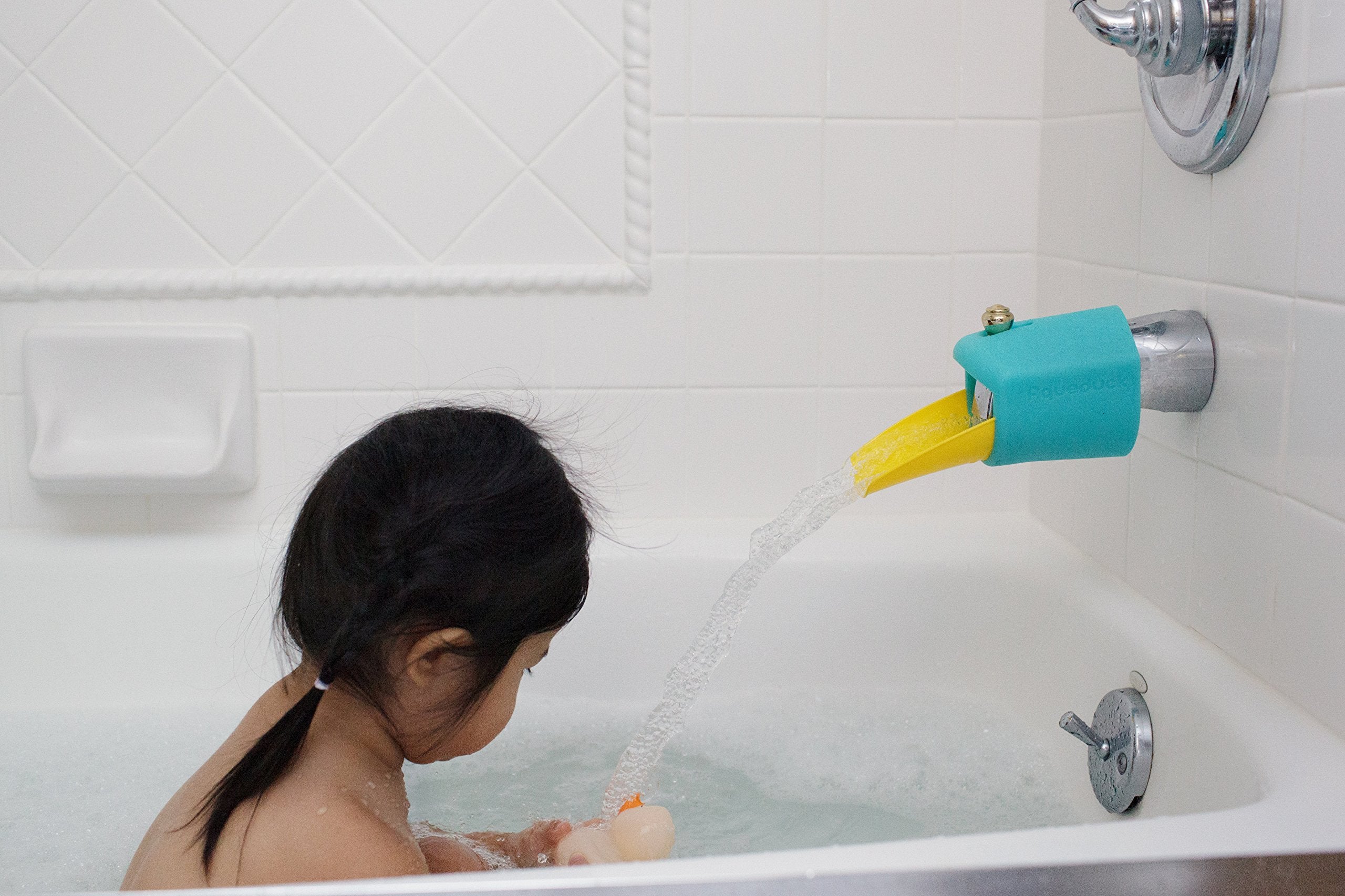 Aqueduck bath spout extender helps fill baby tubs efficiently with less water waste