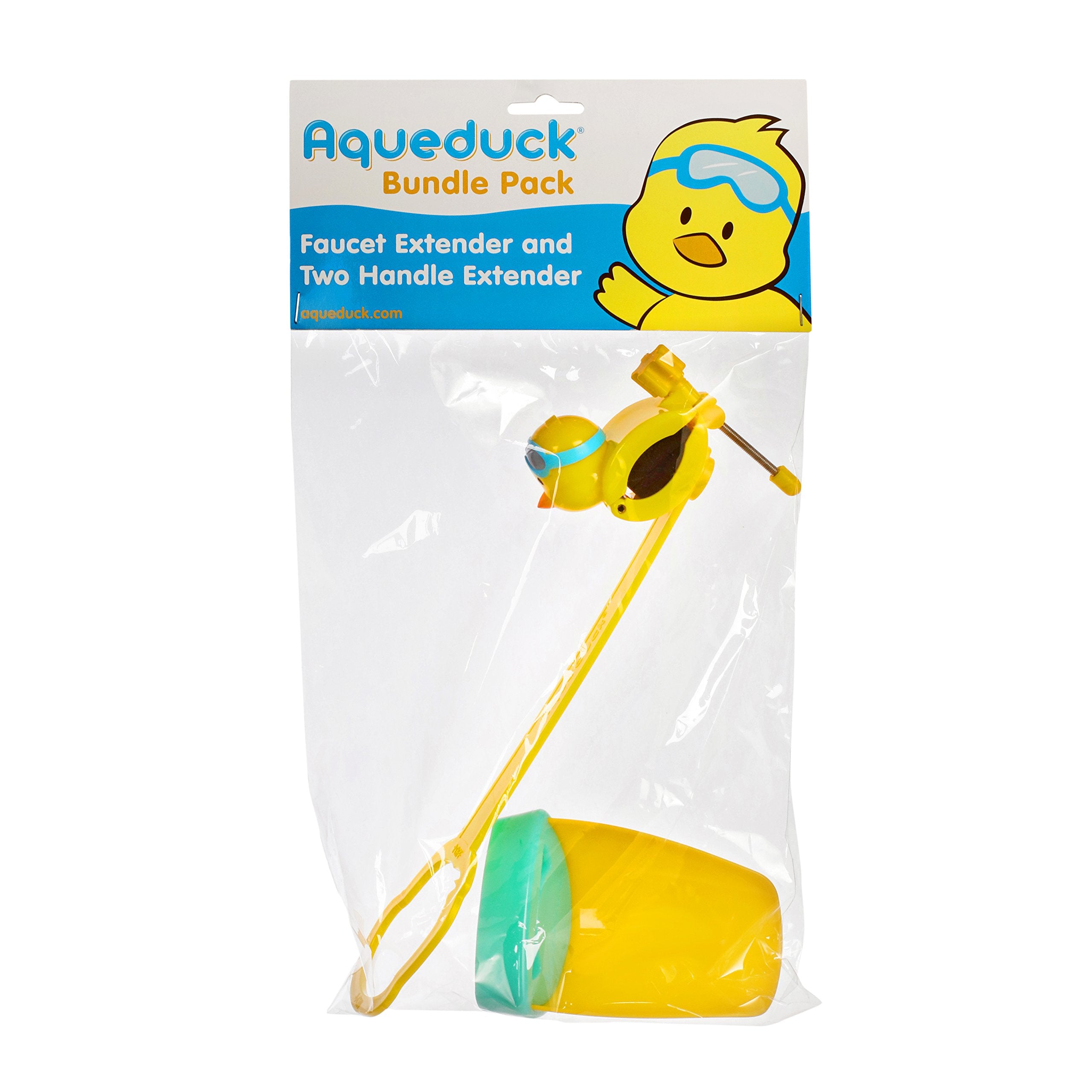 Aqueduck yellow handle extender on a sink highlighting kid-friendly reach.