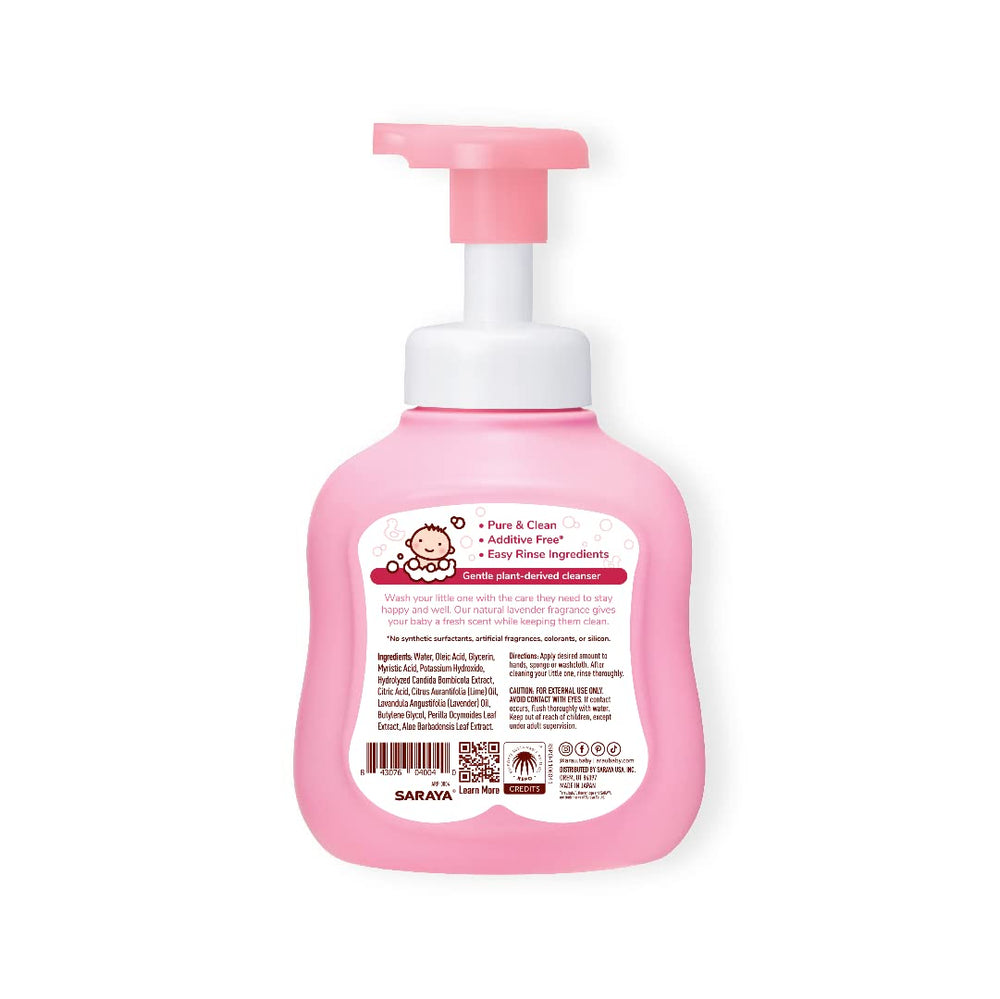 Arau Baby Foam Body Soap lavender-foam closeup showing rich, gentle lather.
